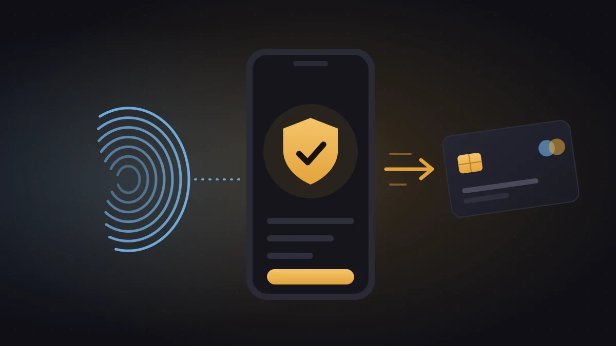 Illustration av en mobil med en verifieringssköld och en direkt överföring till ett bankkort – Pay N Play utan konto