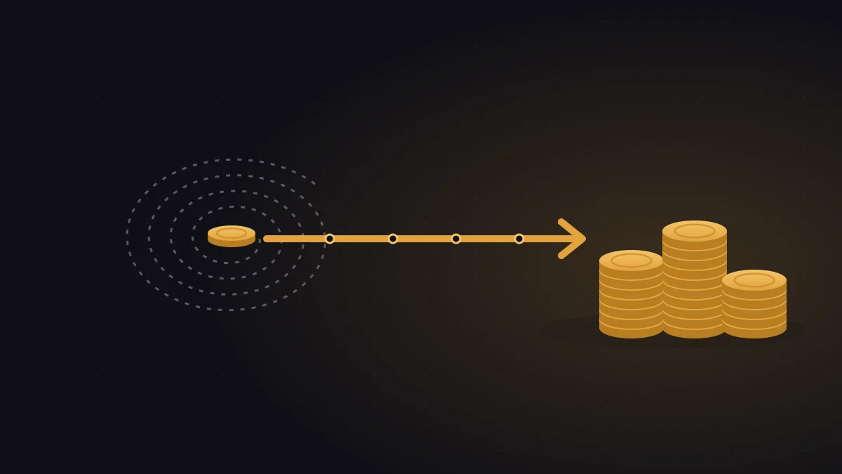 Illustration av en rak pil förbi en snurrande spiral till staplar med mynt – casinon utan omsättningskrav